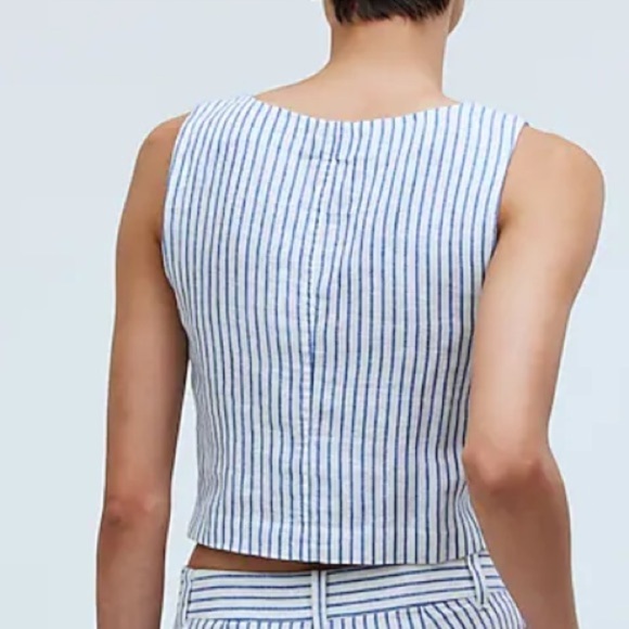NWT Madewell Size 8 Scoopneck Crop Tank Ivory Blue Stripe 100% Linen Vest Hook - Picture 2 of 10